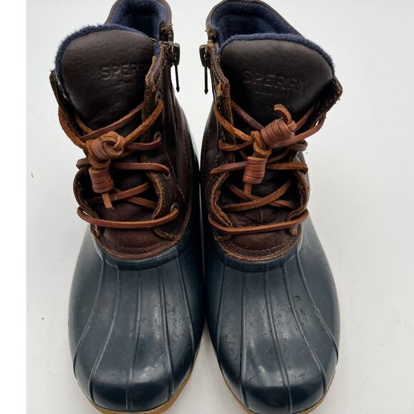 Sperry Saltwater Duck Boots Womens Size 7 Brown Leather Navy Rubber STS91175 - Picture 9 of 13
